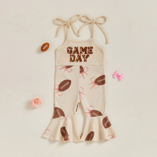 Baby Bell Bottom Jumpsuit – Sleeveless Tie-Up Strap Overalls with Letter Embroidery "Game Day" Print