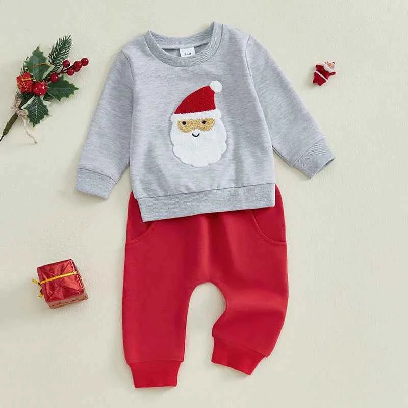 Baby Christmas Outfit Set – Santa Embroidered Long Sleeve Sweatshirt and Pants Set
