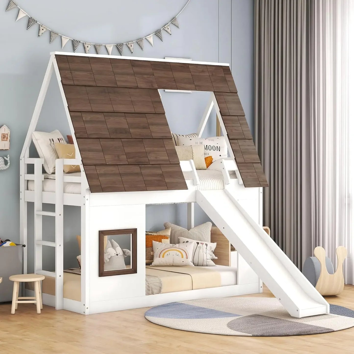 Twin Over Twin House Bunk Bed with Roof, Window, Ladder & Slide