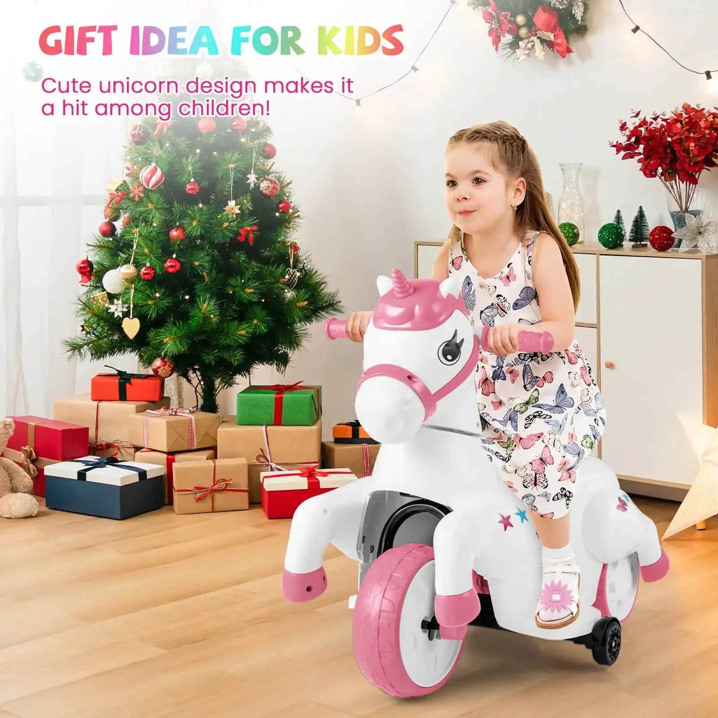 12V Kids Ride-On Unicorn Toy with Training Wheels, Music, and One-Button Start