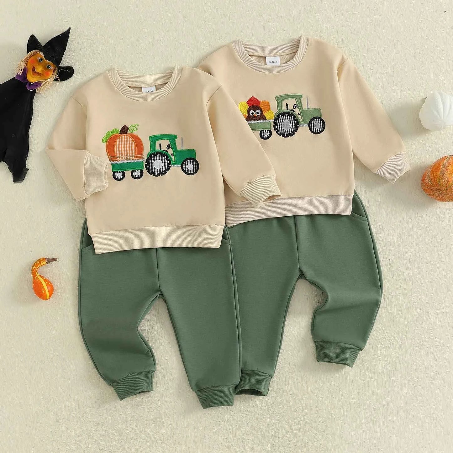 Pumpkin Turkey Tractor Embroidery Sweatshirt & Elastic Waist Pants Set