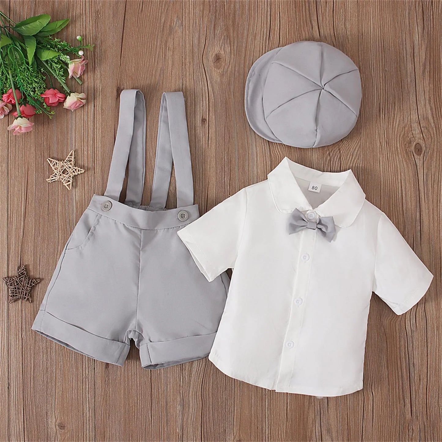 Boys Summer Gentleman Outfit – 4-Piece Set with Bow Tie Shirt, Suspenders Shorts & Hat