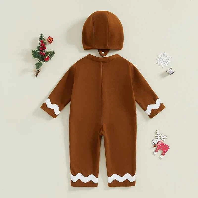 Baby Christmas Jumpsuit – Long Sleeve Crewneck Gingerbread Man Romper with Hat
