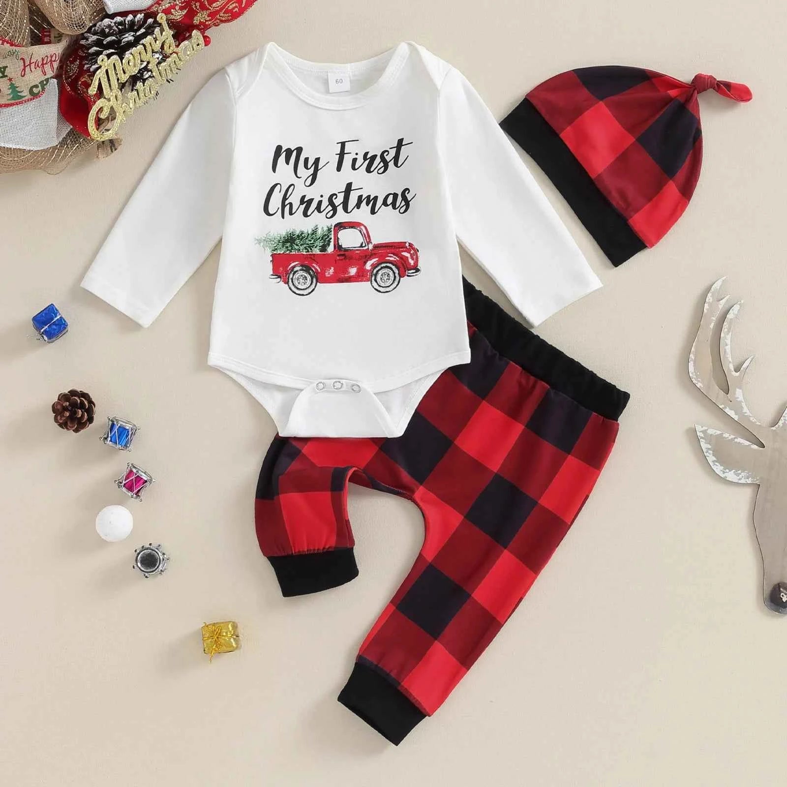 My First Christmas Baby Outfit – 3PCS Romper Set (0–12M)