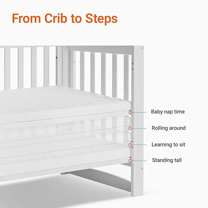 EvoNest 6-in-1 Portable Mini Crib with Mattress – White New Zealand Pinewood, 4 Height Adjustable