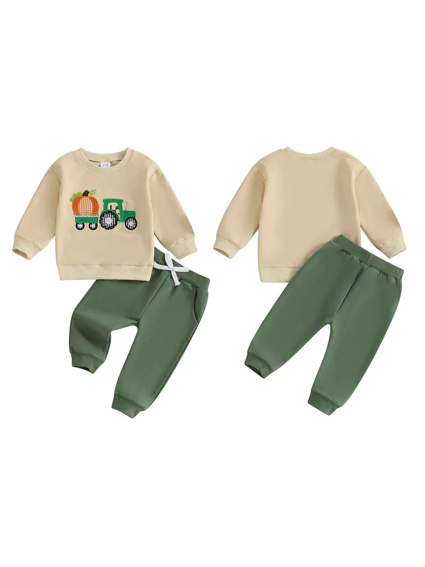 Pumpkin Turkey Tractor Embroidery Sweatshirt & Elastic Waist Pants Set