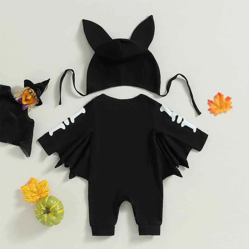 Baby Halloween Romper Outfit – Long Sleeve Pumpkin Print Jumpsuit with Hat
