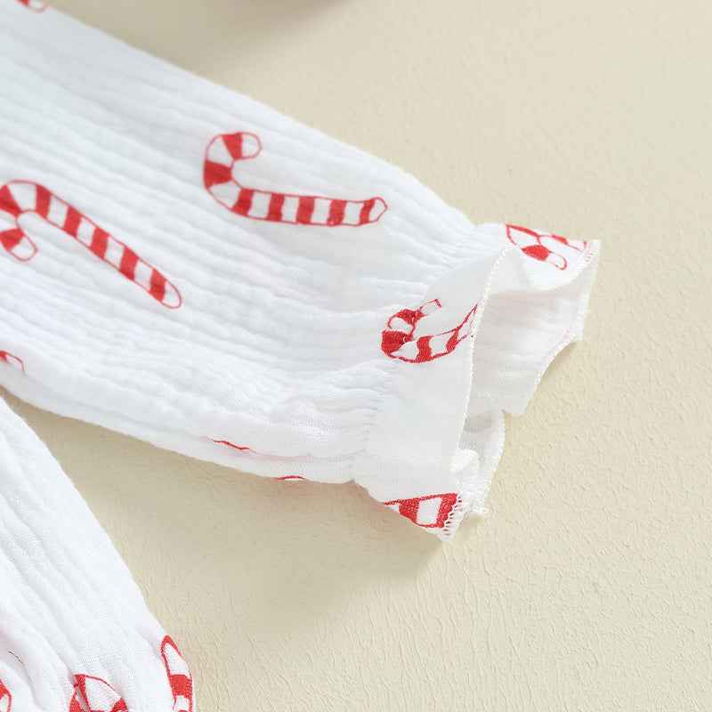 Baby Christmas Romper Set – Smocked Candy Cane Print Long Sleeve Bodysuit with Headband (2Pcs)