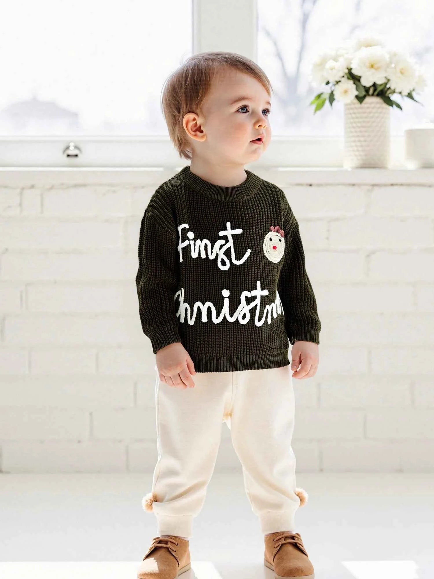 Infant Christmas Sweater – Long Sleeve Crew Neck Elk Letter Knit Pullover for Winter