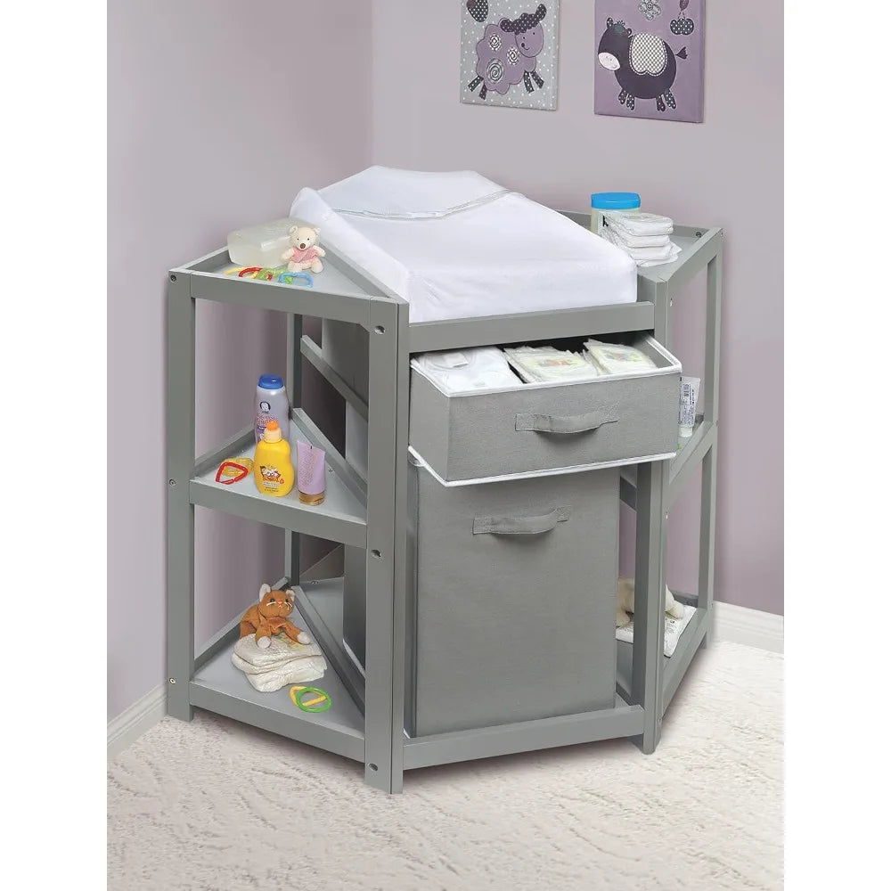 Corner Baby Changing Table – Space-Saving Nursery Diaper Station with Storage Bin, Changing Pad & Safety Belt