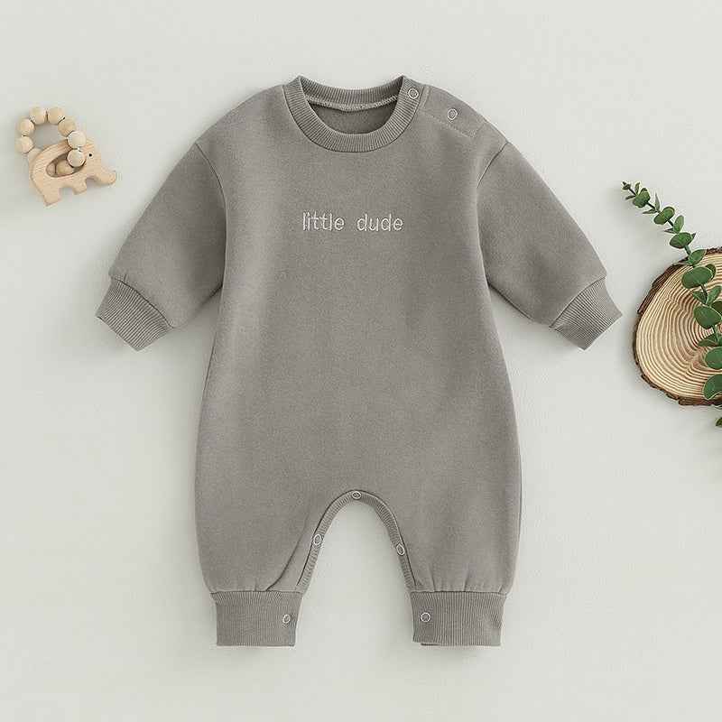 Baby Letter Embroidered "Little Dude" Jumpsuit – Long Sleeve Footless Romper (0–18M)