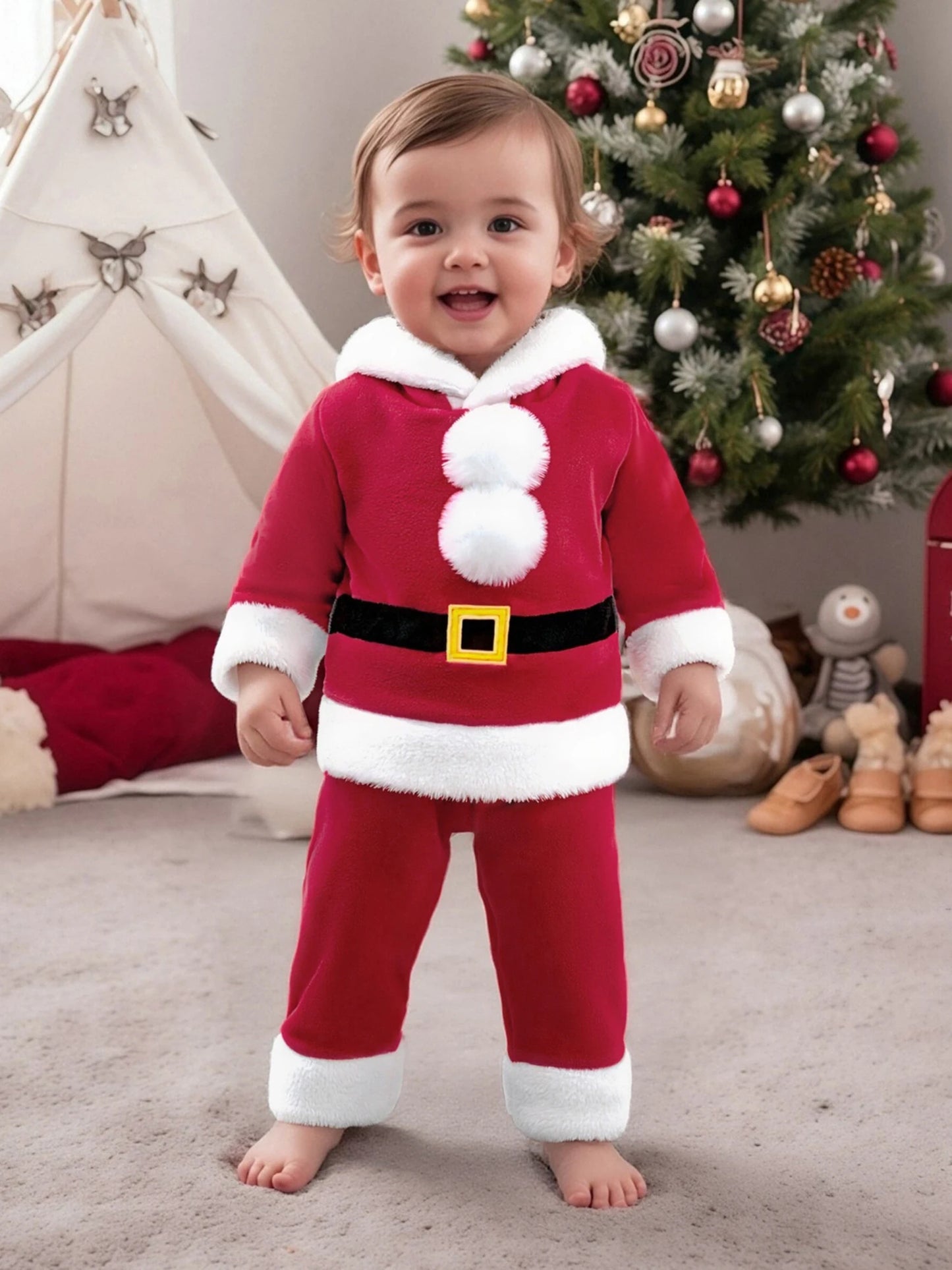 Baby Santa Claus Outfit – Long Sleeve Hooded Sweatshirt with Pants Christmas Costume Set