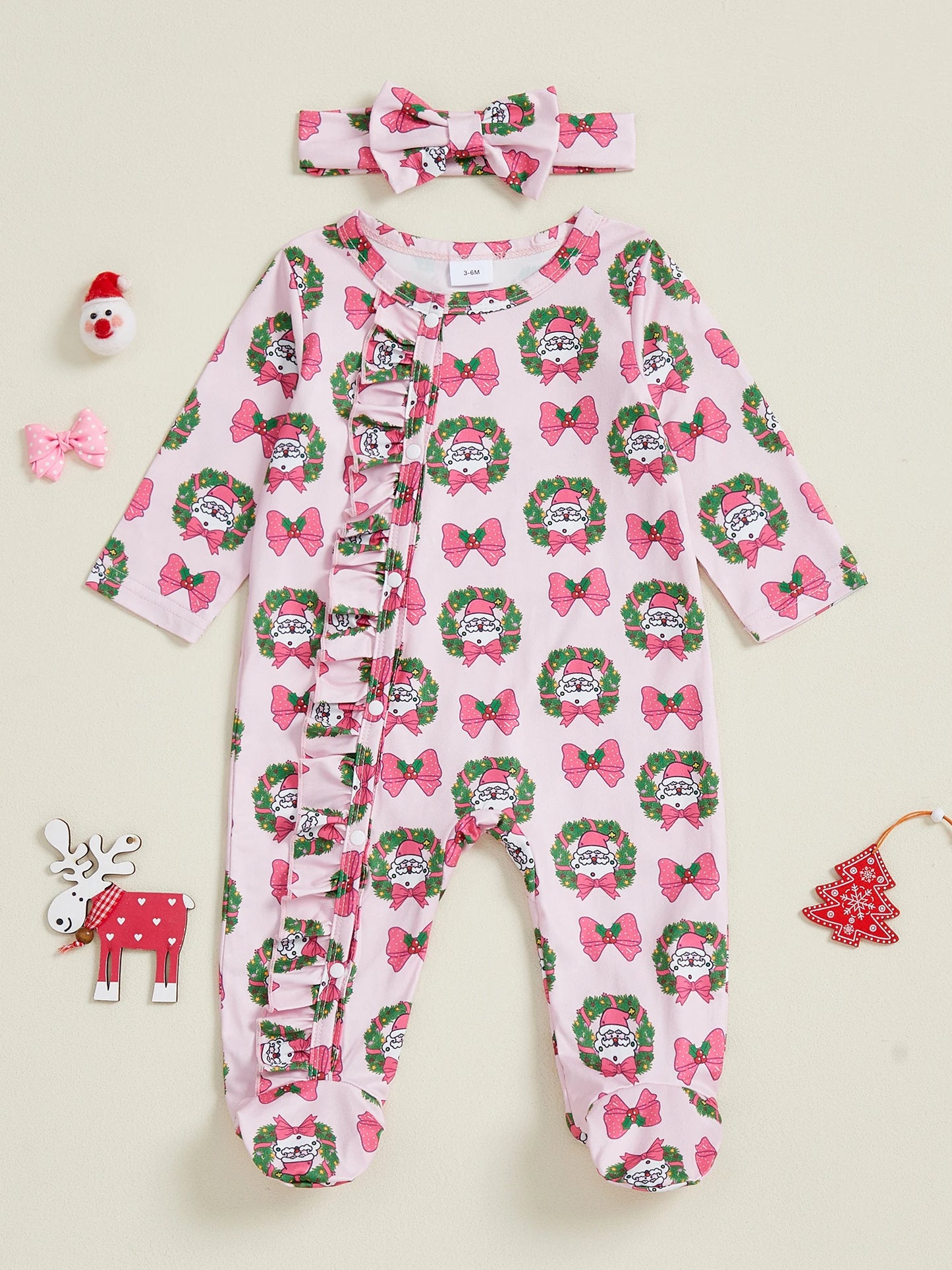 Christmas Outfit – Santa Claus Bow Print Long Sleeve Footed Romper with Matching Headband Set