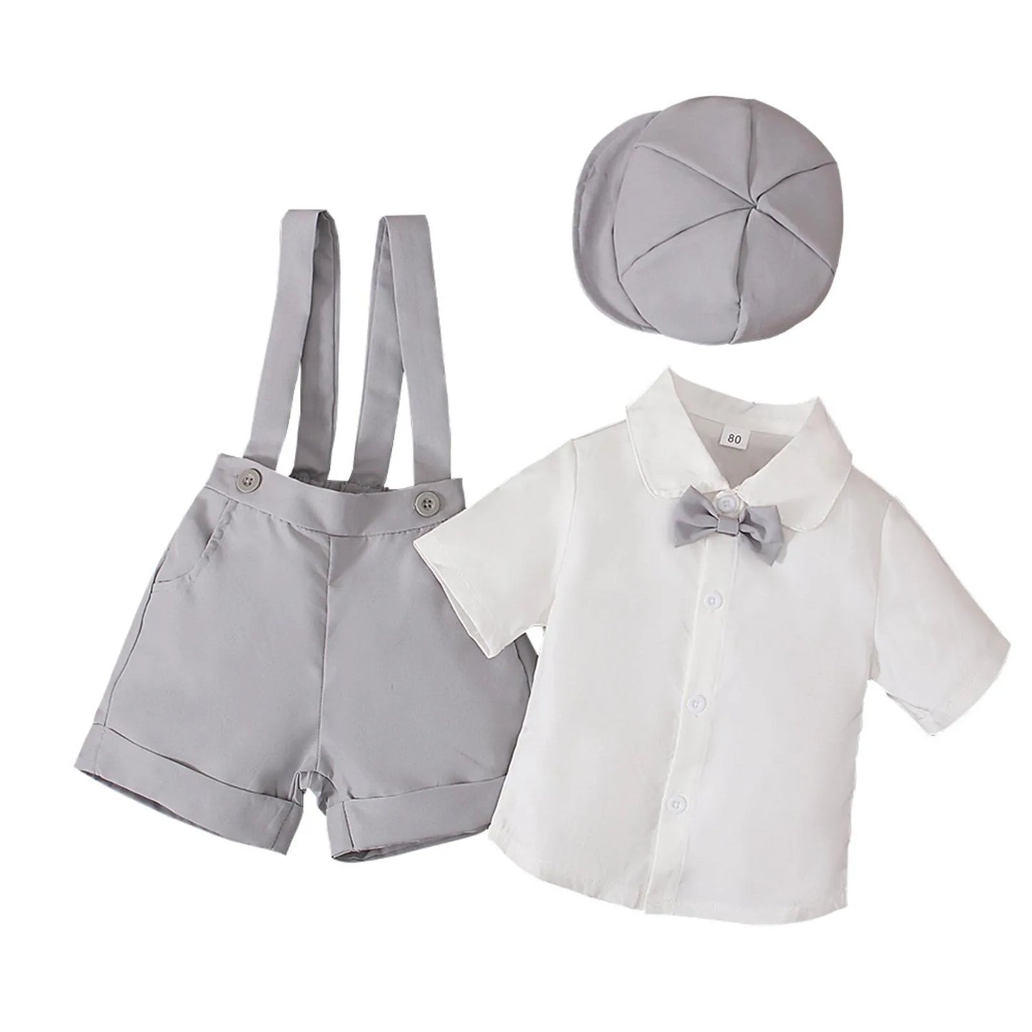 Boys Summer Gentleman Outfit – 4-Piece Set with Bow Tie Shirt, Suspenders Shorts & Hat