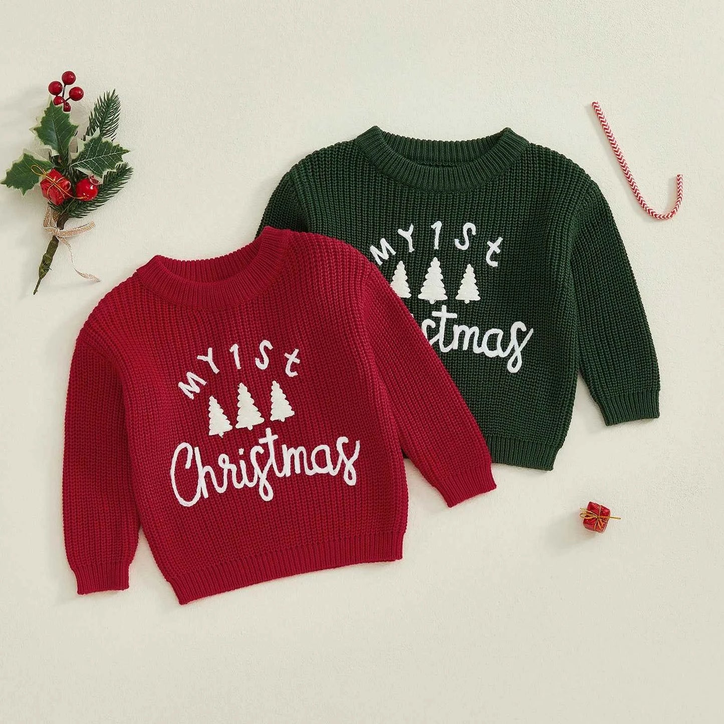 Toddler Baby Christmas Sweater – Long Sleeve Round Neck Letter & Tree Embroidered Top