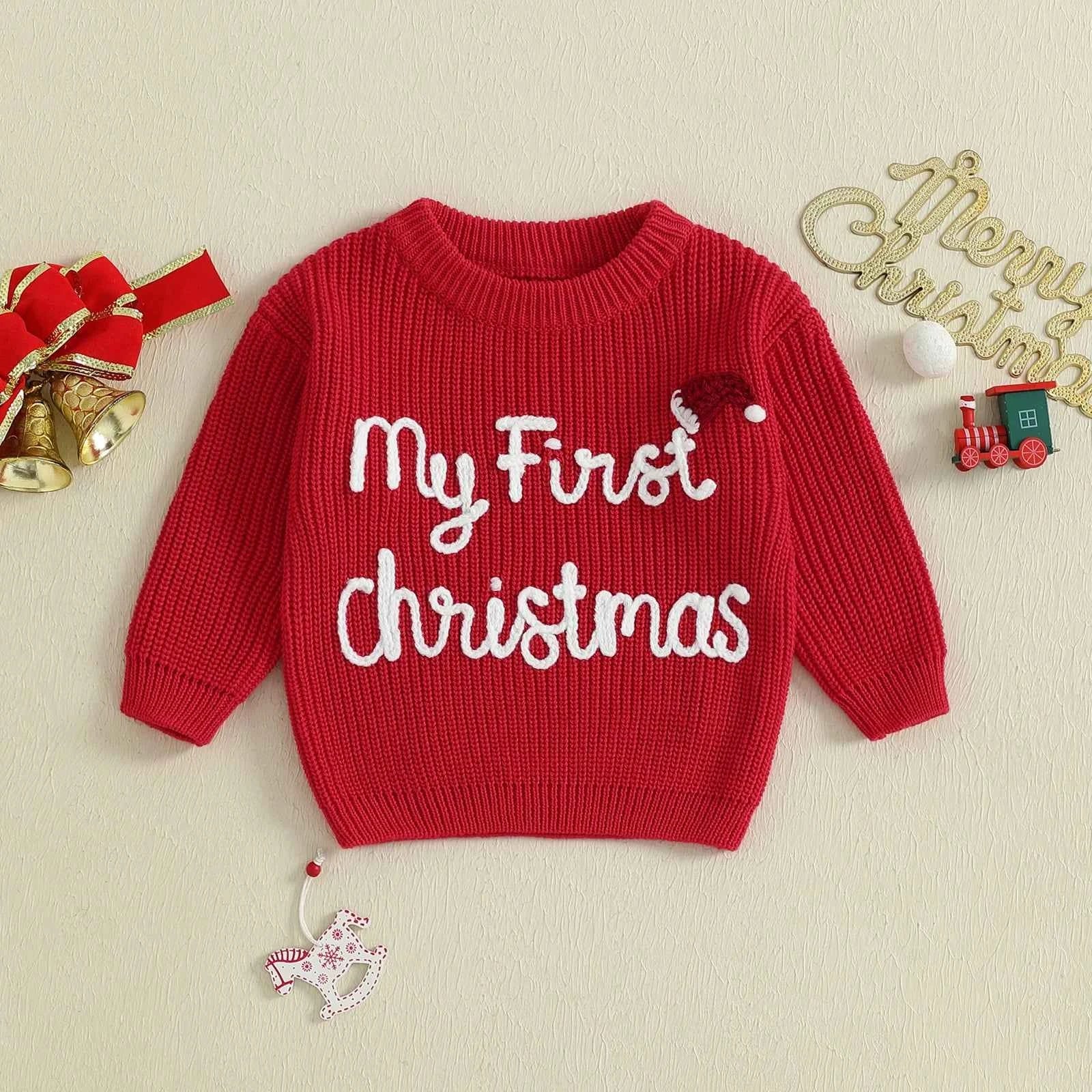 Baby Christmas Knit Sweater – Letter Embroidery Long Sleeve Pullover Top