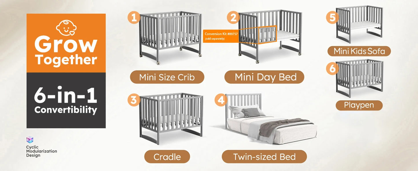 6-in-1 Convertible Mini Crib with Wheels – Foldable, Adjustable Height, Portable Baby Crib (Grey, New Zealand Pine)