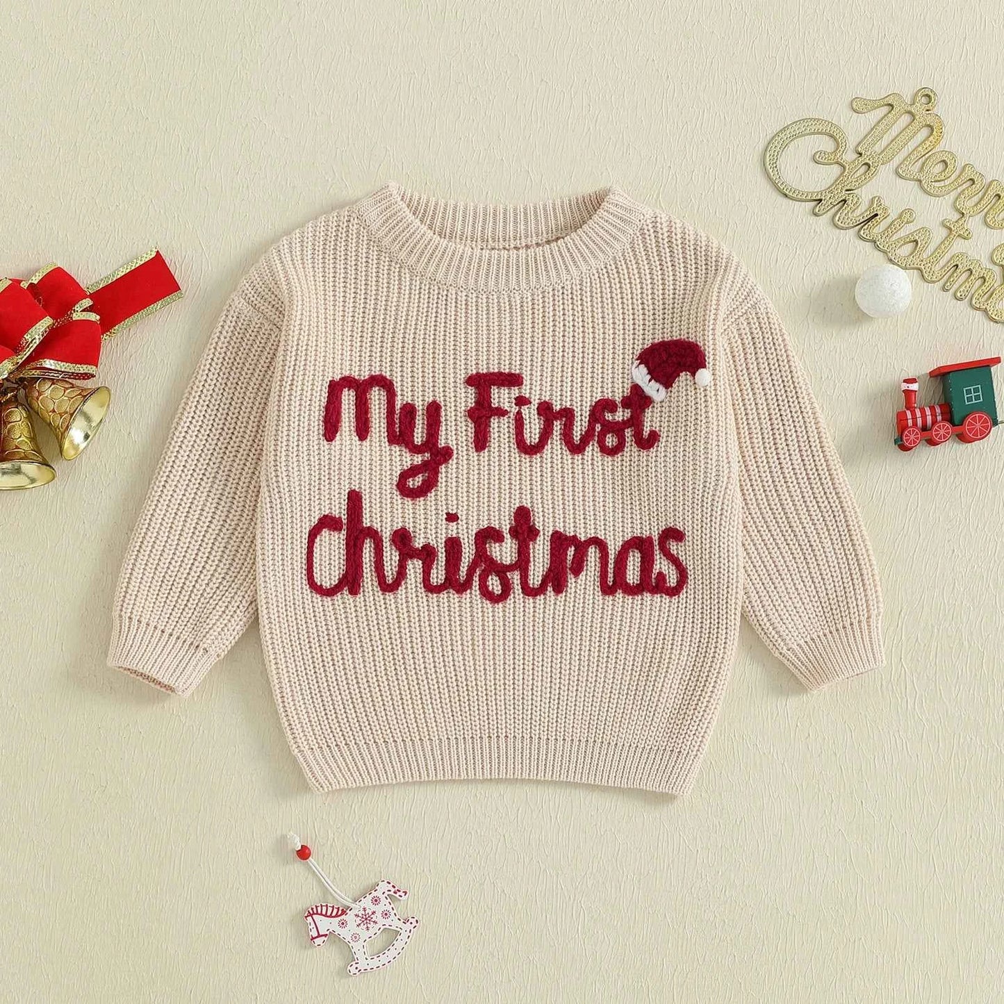 Baby Christmas Knit Sweater – Letter Embroidery Long Sleeve Pullover Top