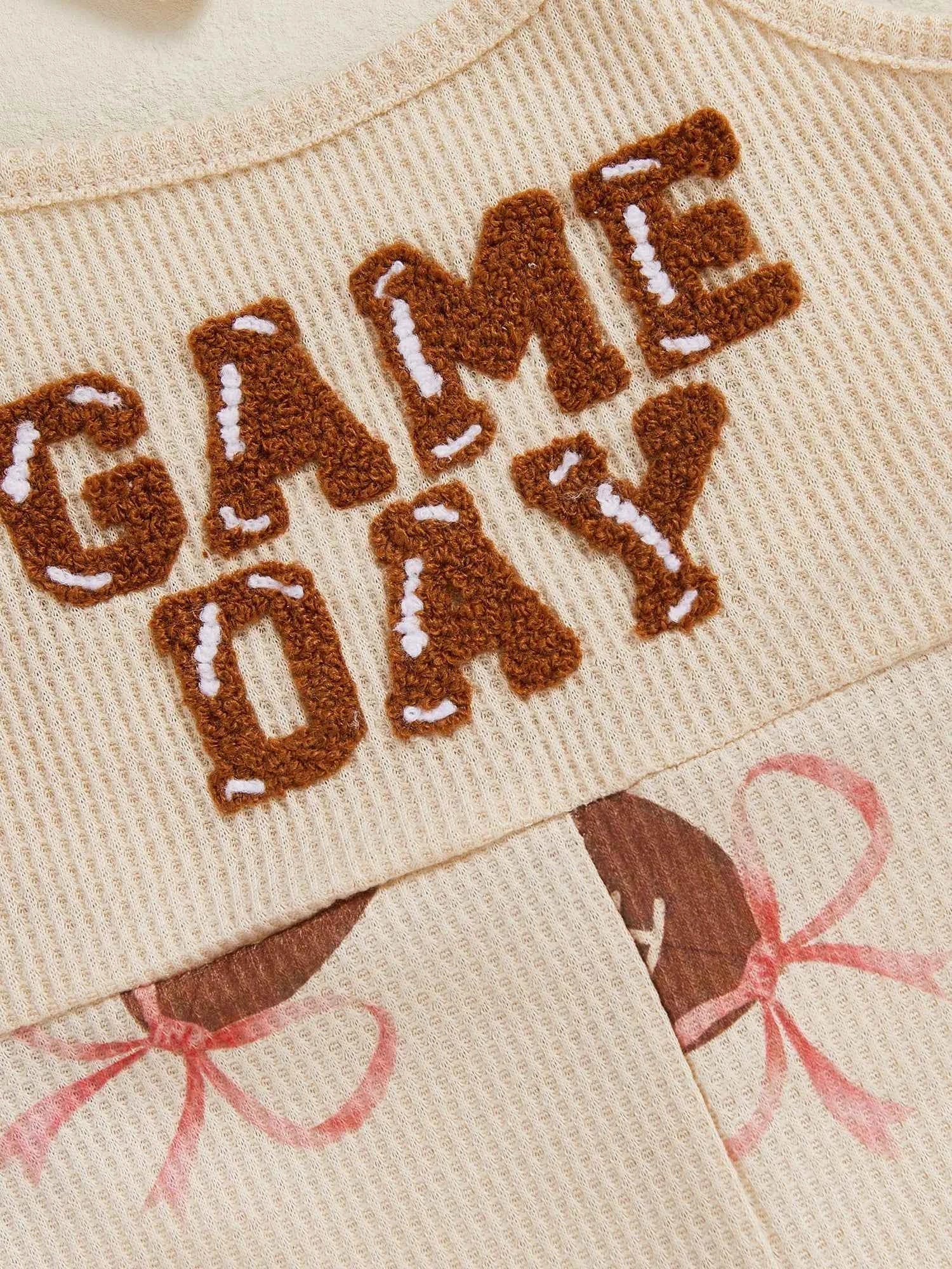 Baby Bell Bottom Jumpsuit – Sleeveless Tie-Up Strap Overalls with Letter Embroidery "Game Day" Print