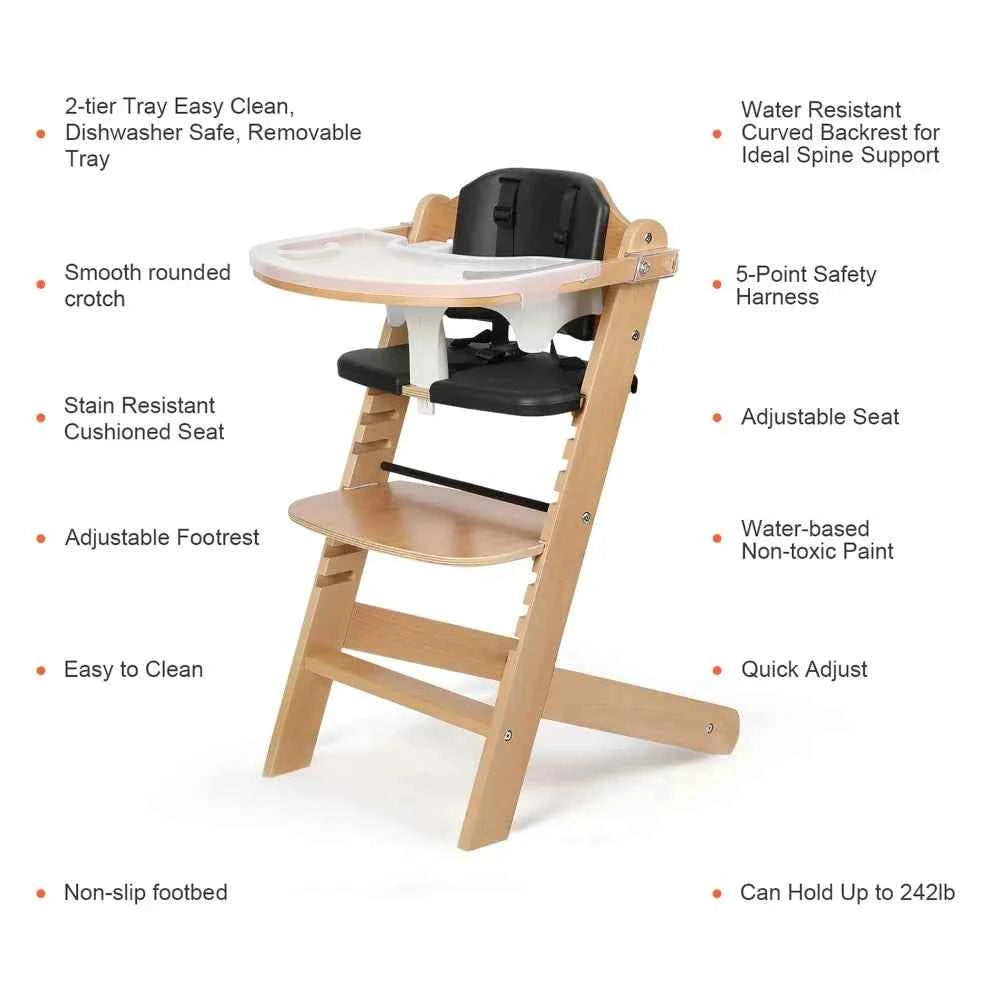 Wooden Baby High Chair – 3-Tier Adjustable 8-Height Levels Feeding Chair with Cushion & Double Tray (6M–3Y)