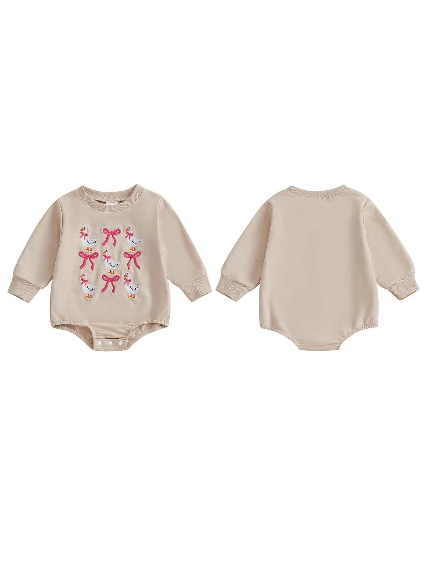 Girl Goose and Bow Embroidered Romper – Long Sleeve Crewneck Sweatshirt Bodysuit