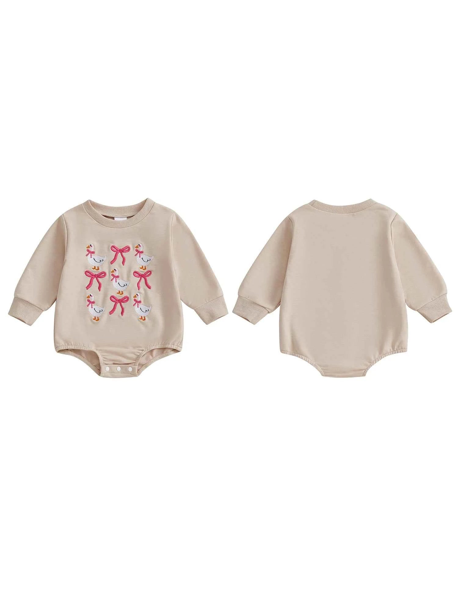 Girl Goose and Bow Embroidered Romper – Long Sleeve Crewneck Sweatshirt Bodysuit