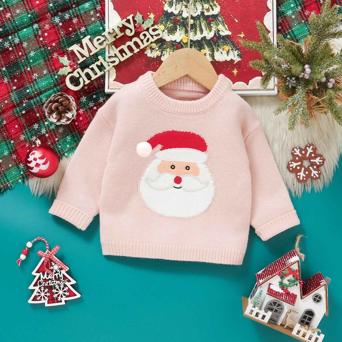 Kids Christmas Sweater – Long Sleeve Crew Neck Santa Claus & Elk Winter Sweater