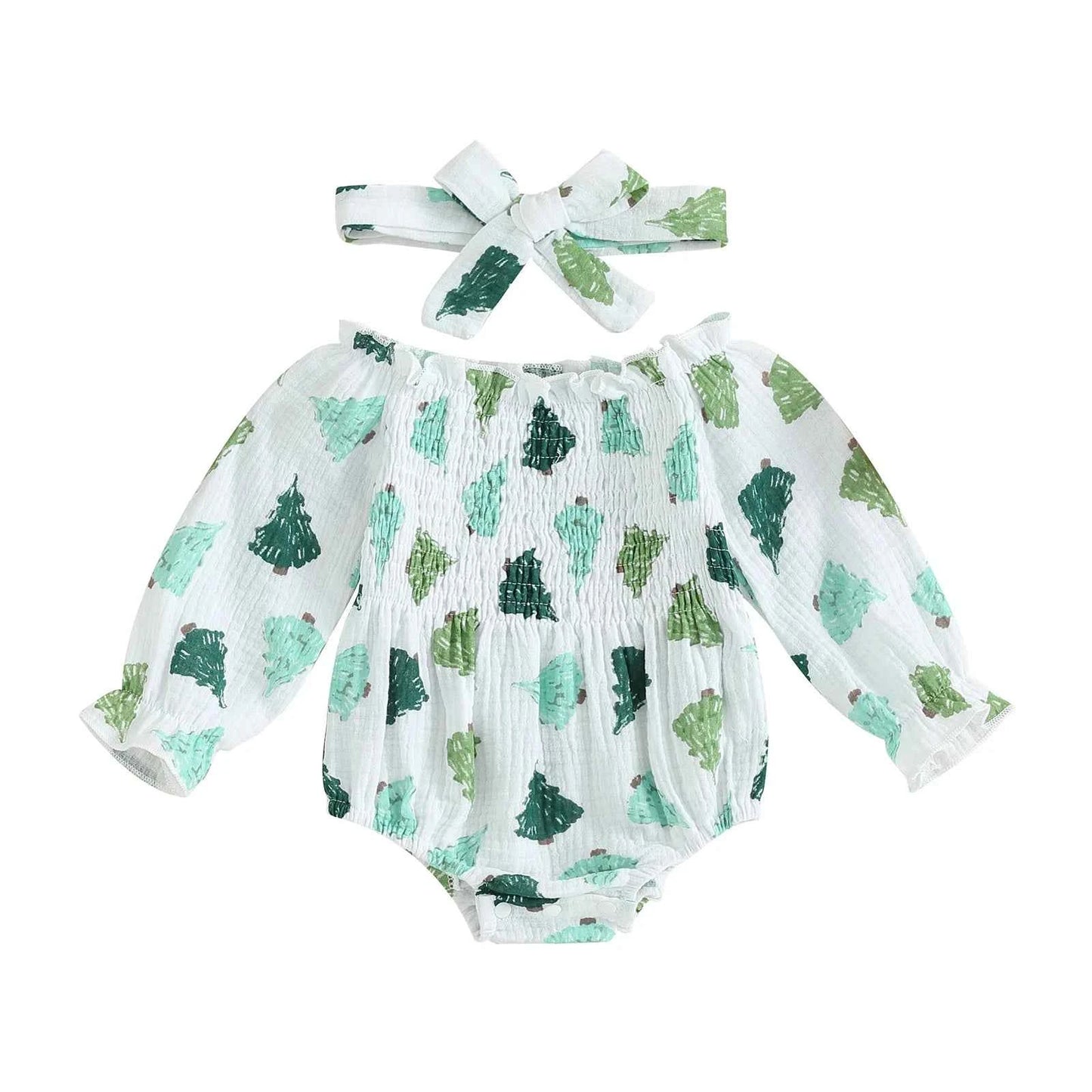 Baby Christmas Romper Set – Smocked Candy Cane Print Long Sleeve Bodysuit with Headband (2Pcs)