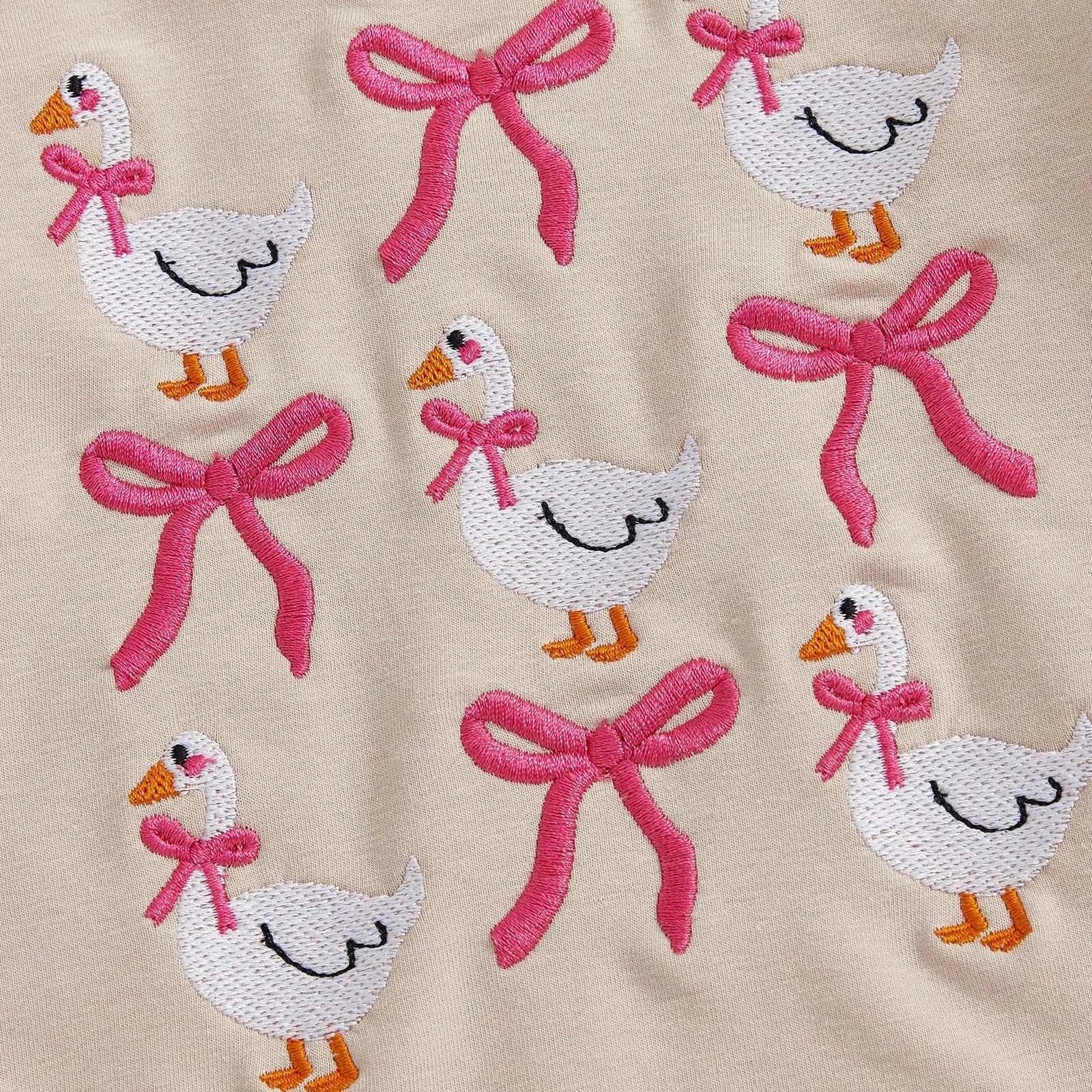 Girl Goose and Bow Embroidered Romper – Long Sleeve Crewneck Sweatshirt Bodysuit