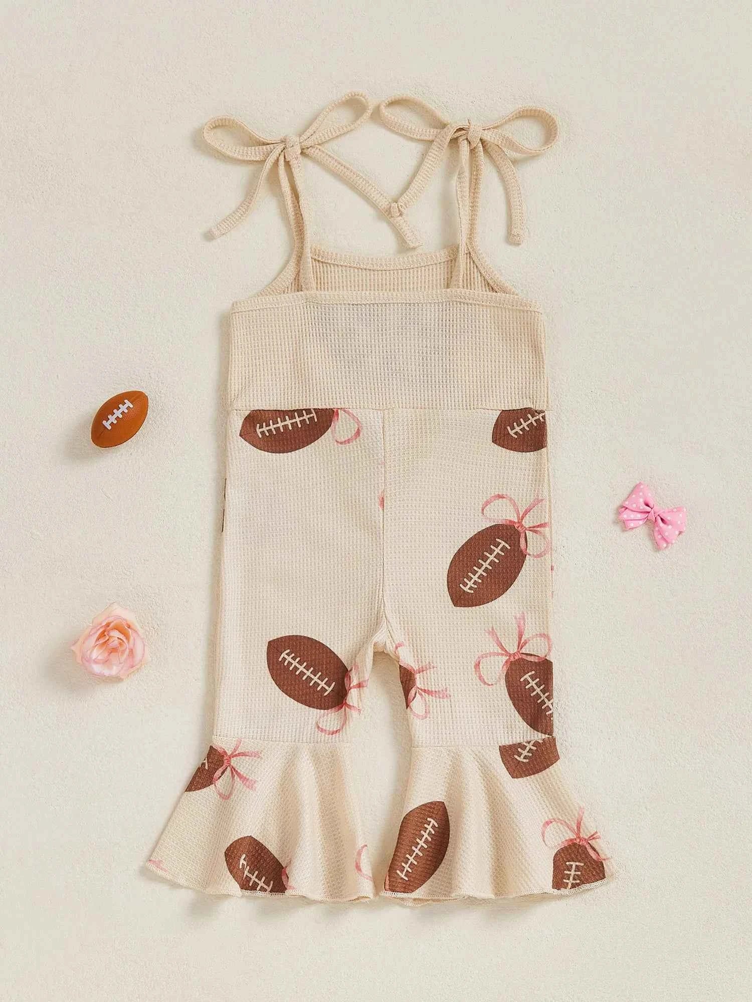 Baby Bell Bottom Jumpsuit – Sleeveless Tie-Up Strap Overalls with Letter Embroidery "Game Day" Print
