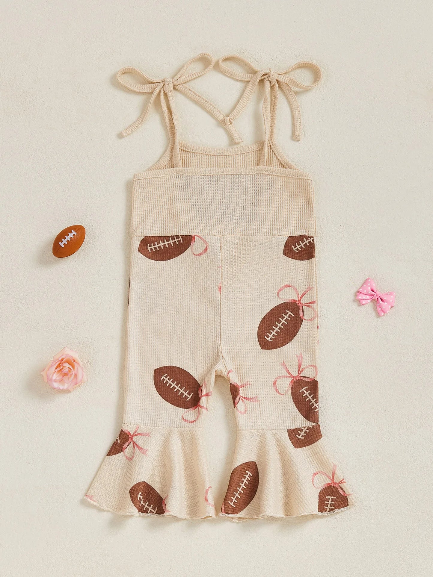 Baby Bell Bottom Jumpsuit – Sleeveless Tie-Up Strap Overalls with Letter Embroidery "Game Day" Print