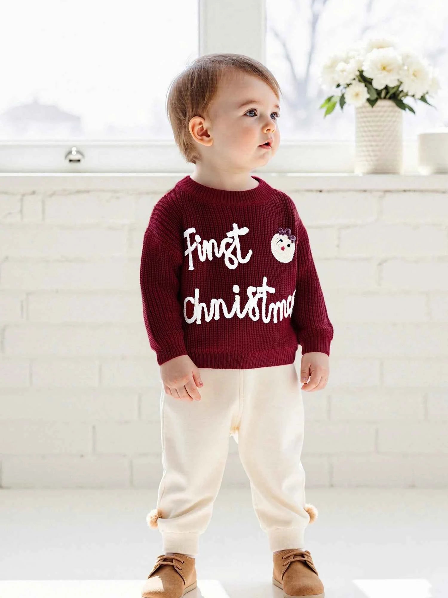 Infant Christmas Sweater – Long Sleeve Crew Neck Elk Letter Knit Pullover for Winter