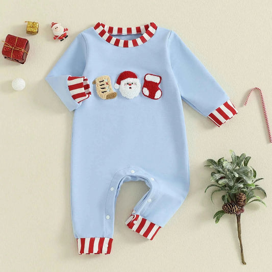 Baby Christmas Romper – Santa Embroidery Striped Long Sleeve Crew Neck Full-Length Jumpsuit