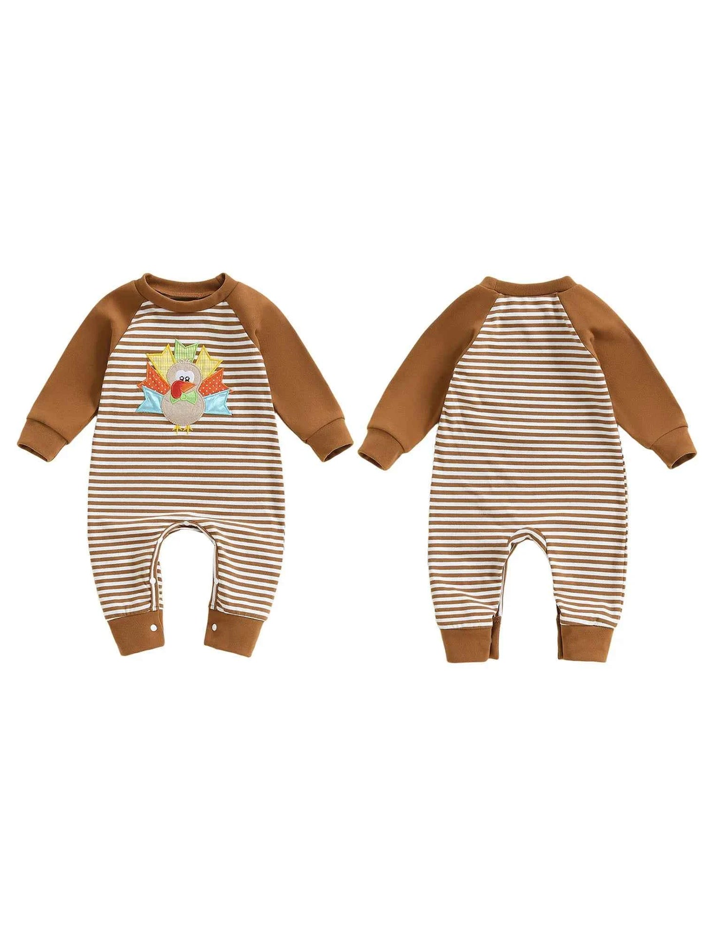 Baby Thanksgiving Romper – Long Sleeve Stripe Jumpsuit with Turkey Embroidery