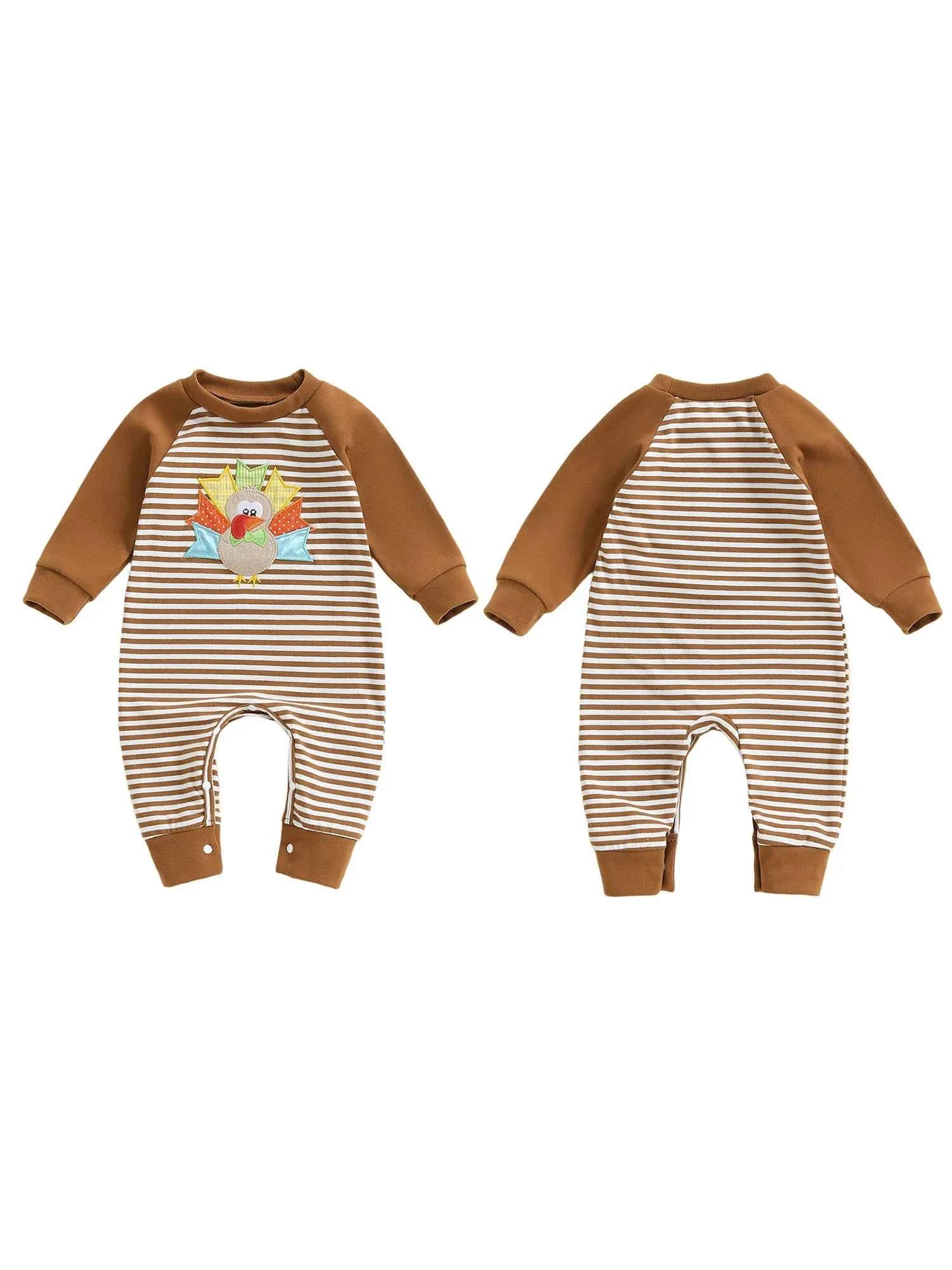 Baby Thanksgiving Romper – Long Sleeve Stripe Jumpsuit with Turkey Embroidery