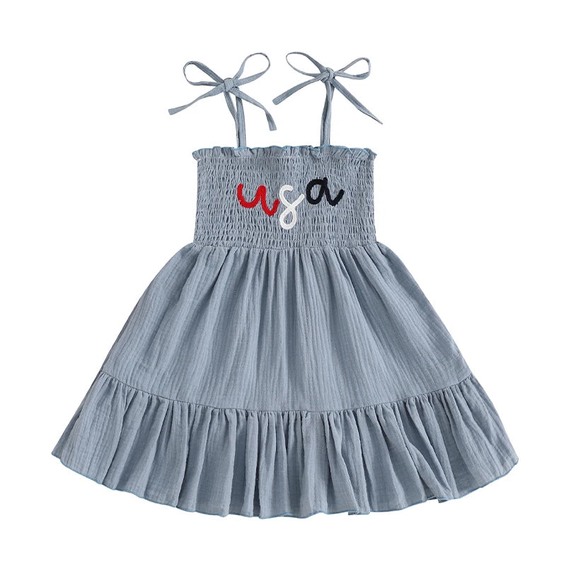 Girls 4th of July Smocked Dress – Sleeveless Tie Shoulder Toddler A-Line Patriotic Outfit