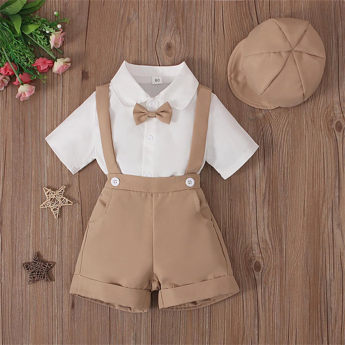 Boys Summer Gentleman Outfit – 4-Piece Set with Bow Tie Shirt, Suspenders Shorts & Hat