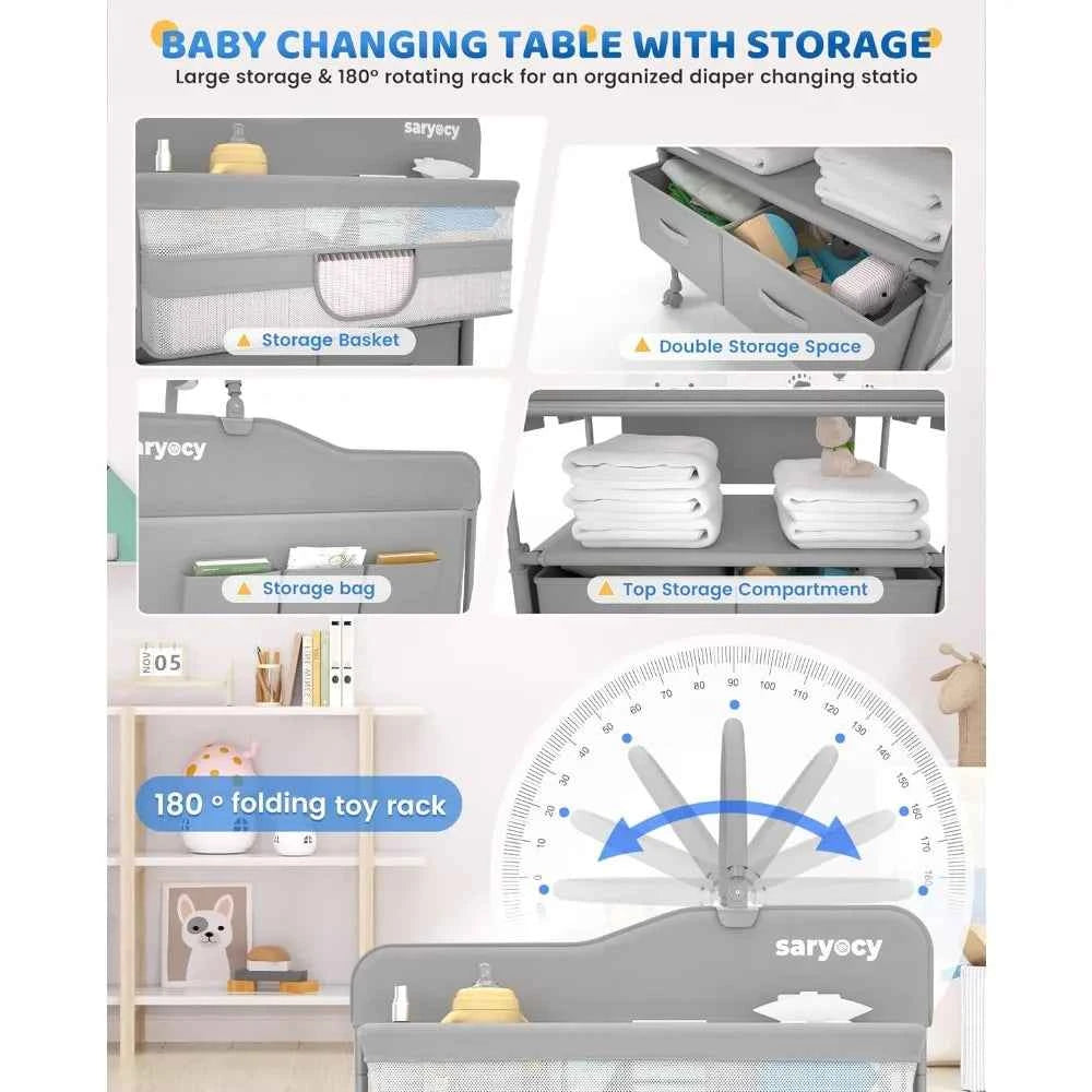 Foldable Baby Changing Table with 2 Drawers – Adjustable Height Waterproof Diaper Changing Station