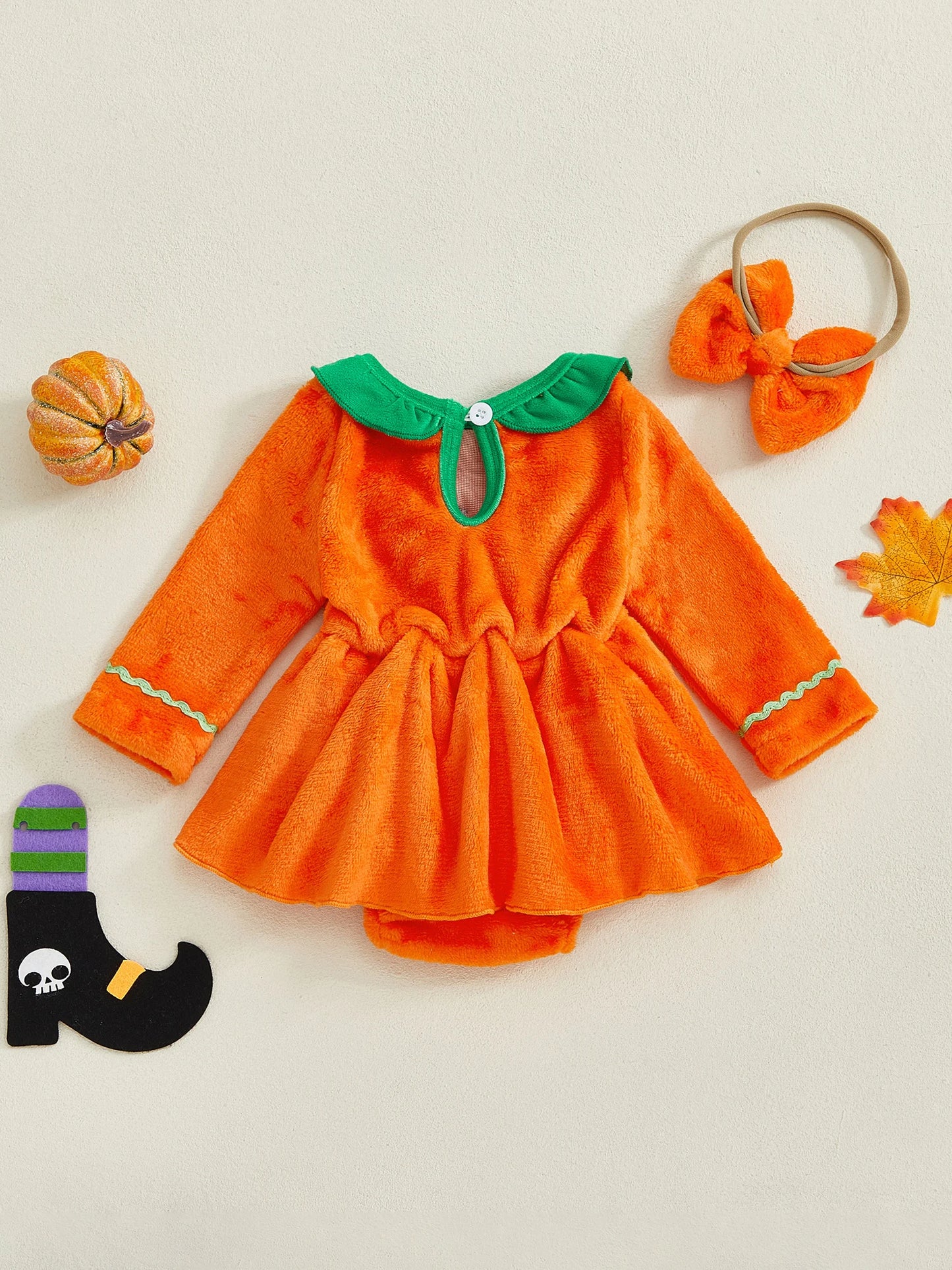 Infant Halloween Costume – Pumpkin Print Jumpsuit with Hat Set for Baby