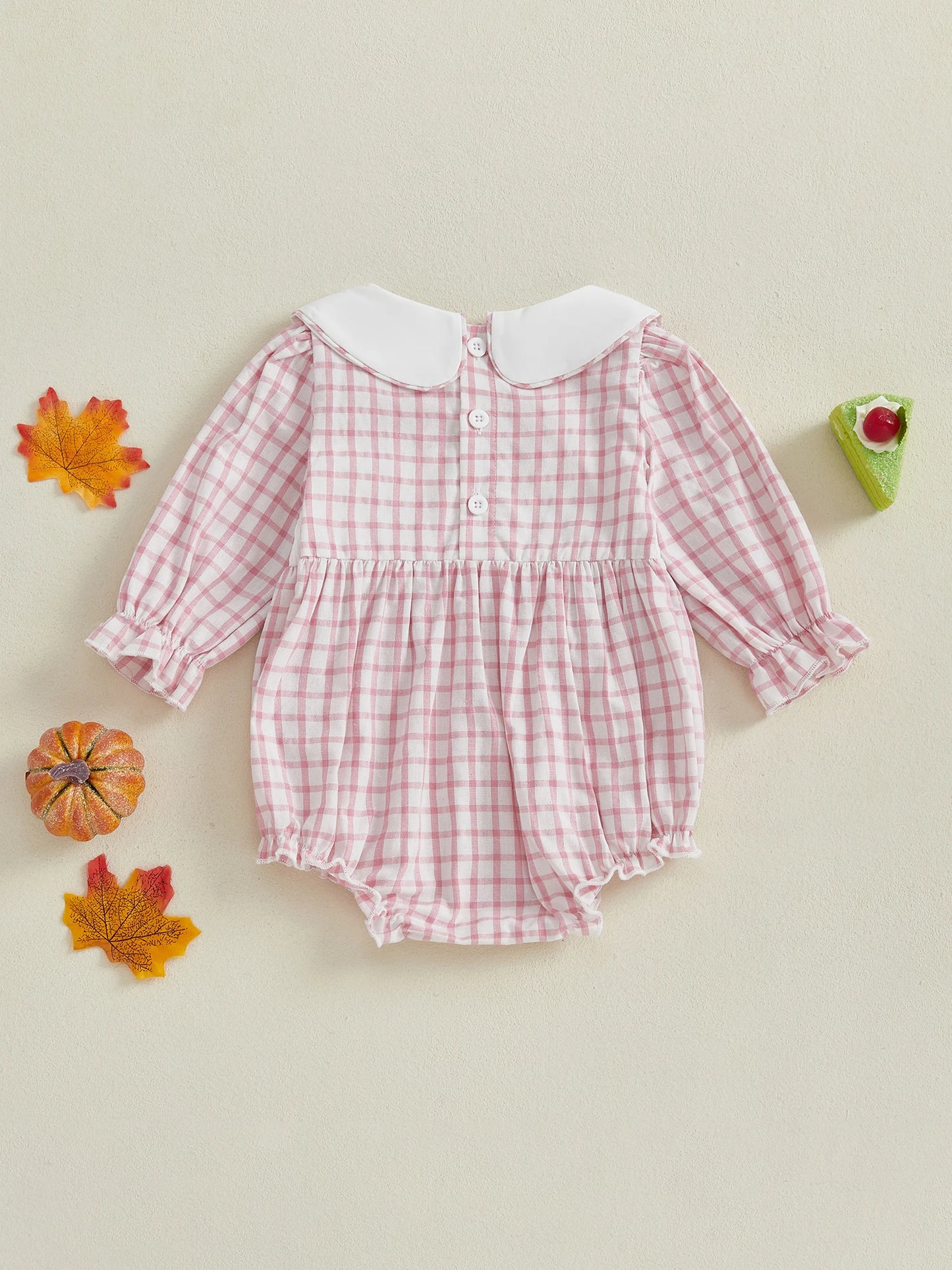 Thanksgiving Baby Girl Romper – Long Sleeve Doll Collar with Turkey Embroidery and Plaid Design