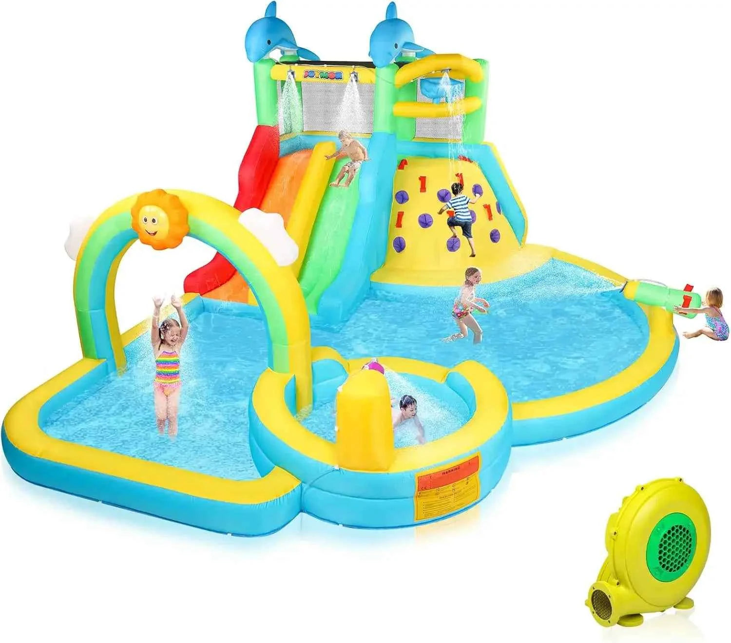 Inflatable 10-in-1 Water Slide Bounce House with Pool, Climbing Wall, Water Bucket & Rainbow Sprinklers – Quick 1-Minute Setup