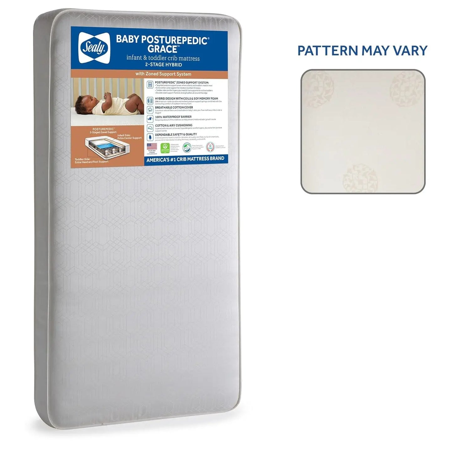 Posturepedic Grace 2-Stage Hybrid Crib Mattress & Toddler Bed Mattress – Breathable Waterproof, Hypoallergenic, Non-Toxic Baby Mattress with Zoned Support