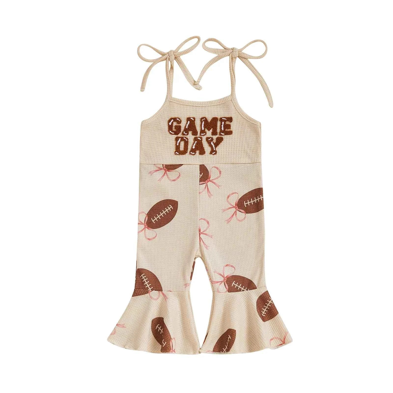 Baby Bell Bottom Jumpsuit – Sleeveless Tie-Up Strap Overalls with Letter Embroidery "Game Day" Print