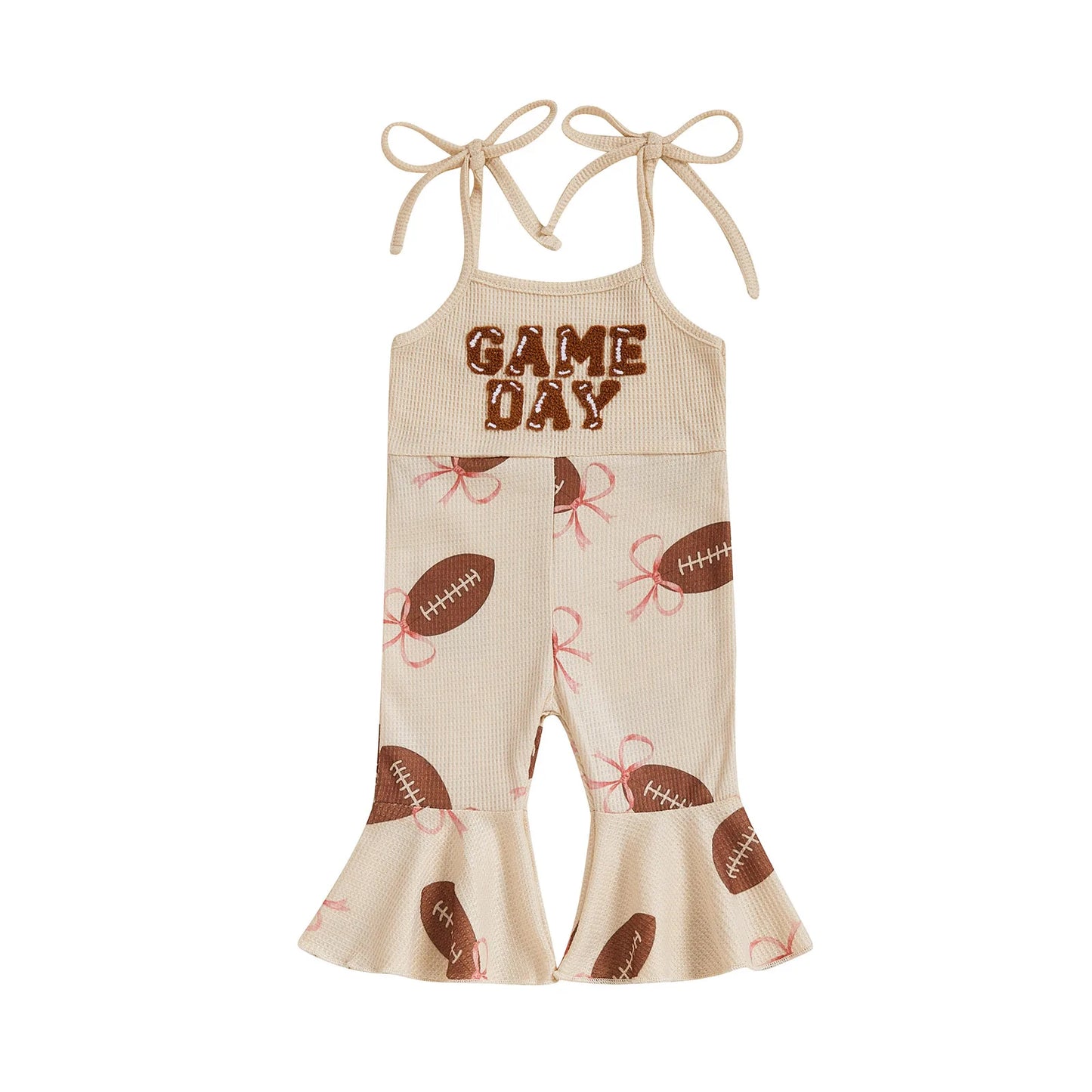 Baby Bell Bottom Jumpsuit – Sleeveless Tie-Up Strap Overalls with Letter Embroidery "Game Day" Print