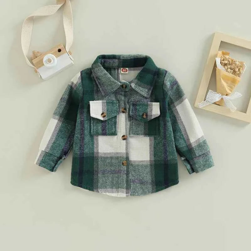 Baby Plaid Shirt Jacket – Casual Long Sleeve Button-Up Coat for Boys and Girls (0–4 Years)