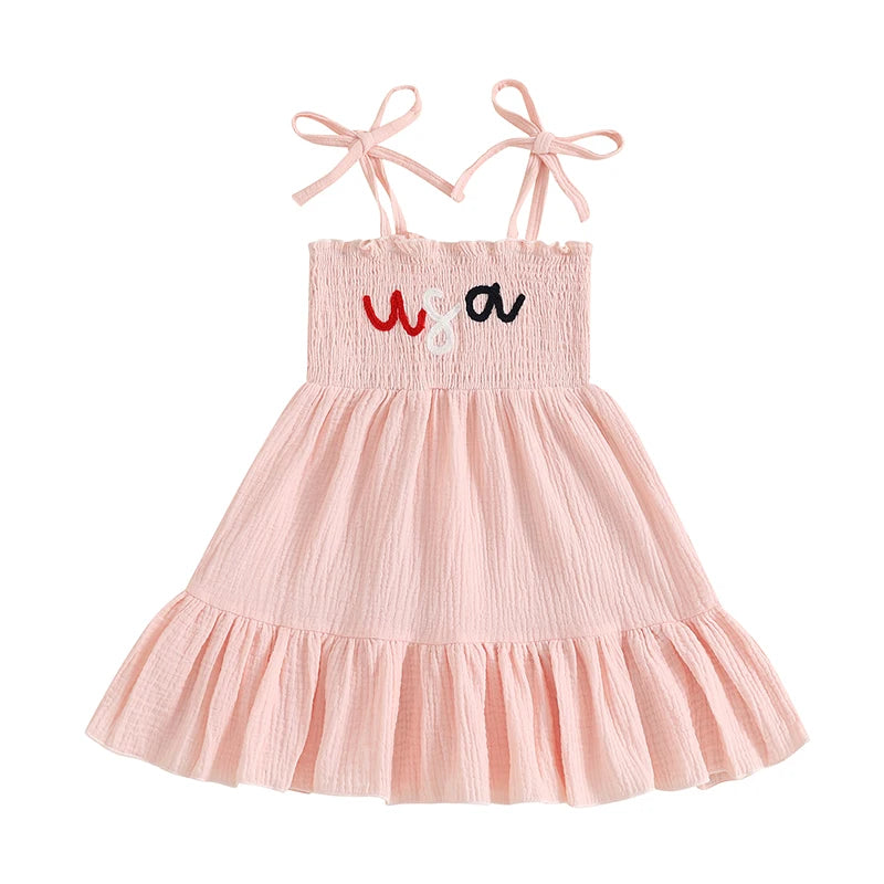 Girls 4th of July Smocked Dress – Sleeveless Tie Shoulder Toddler A-Line Patriotic Outfit