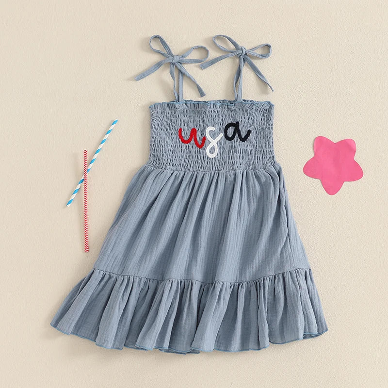 Girls 4th of July Smocked Dress – Sleeveless Tie Shoulder Toddler A-Line Patriotic Outfit