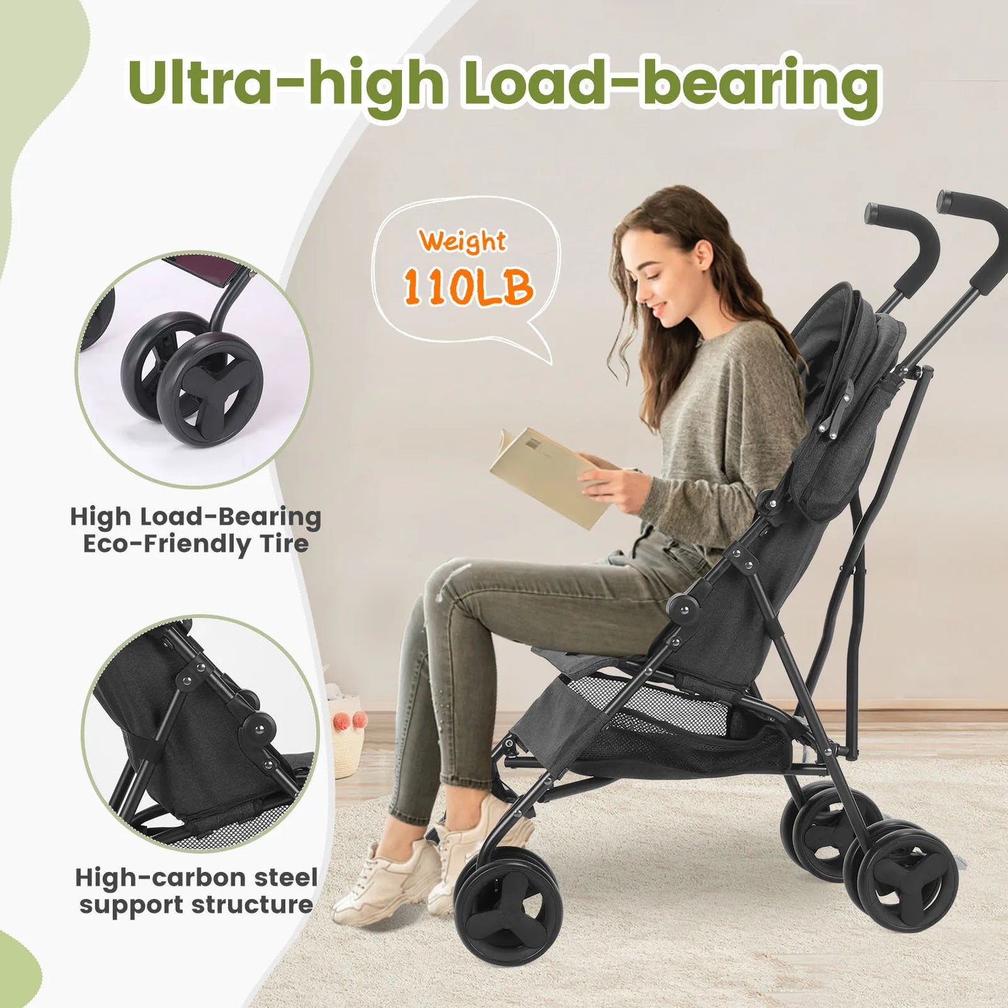 Lightweight Folding Baby Stroller – 4-Wheel High Landscape Seat, Sit or Lie Down