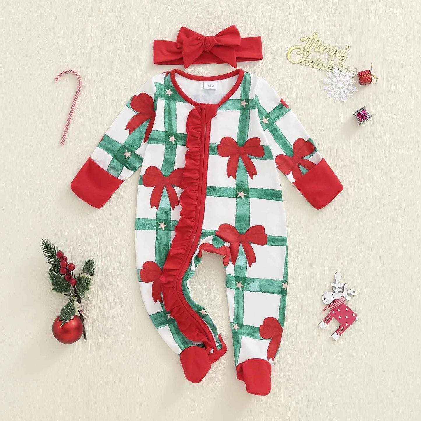 Newborn Baby Girl Christmas Romper – Bow Print Long Sleeve Zip-Up Footed Jumpsuit with Headband