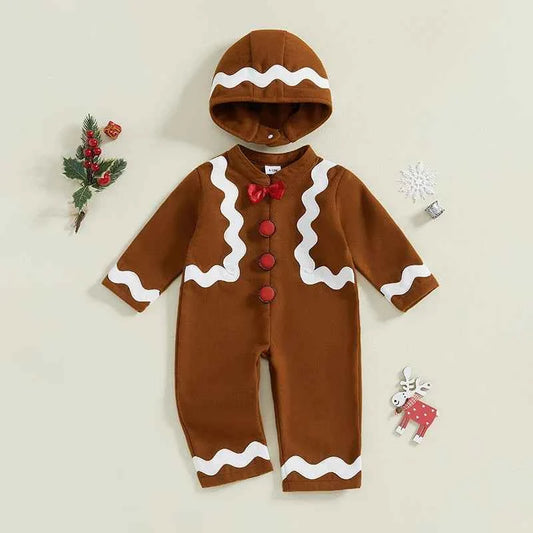 Baby Christmas Jumpsuit – Long Sleeve Crewneck Gingerbread Man Romper with Hat